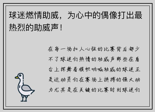 球迷燃情助威，为心中的偶像打出最热烈的助威声！